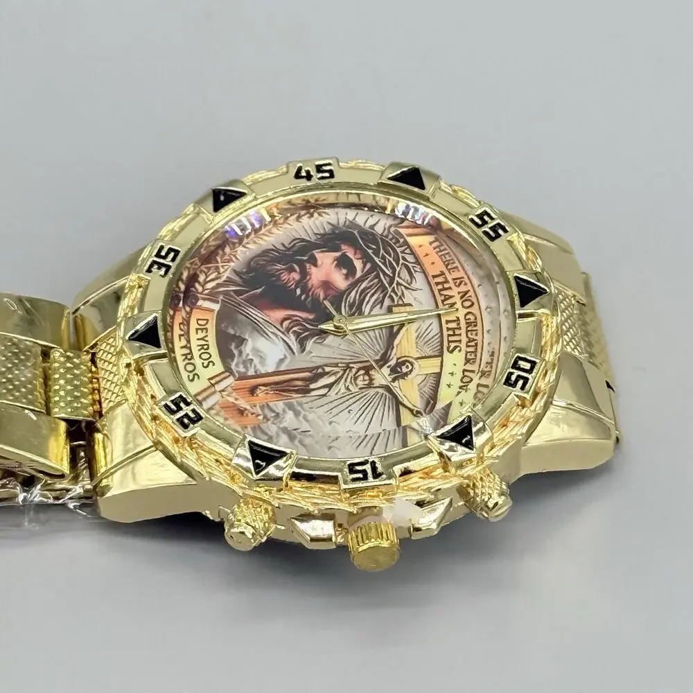 DEYROS Men's Gold Tone Watch Jesus Christ Religious Christian Quartz Wristwatch
